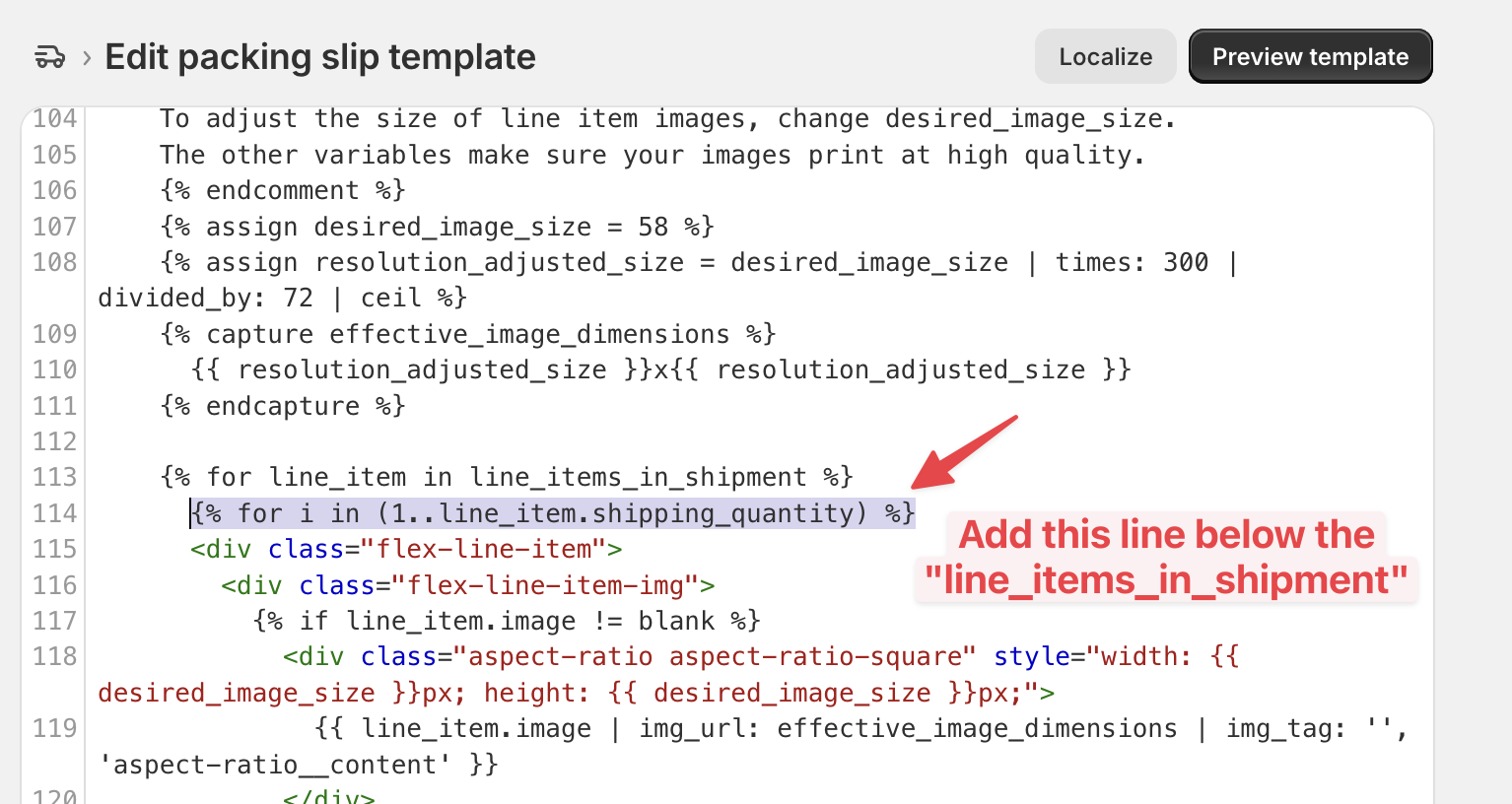 Packing slip template code modification