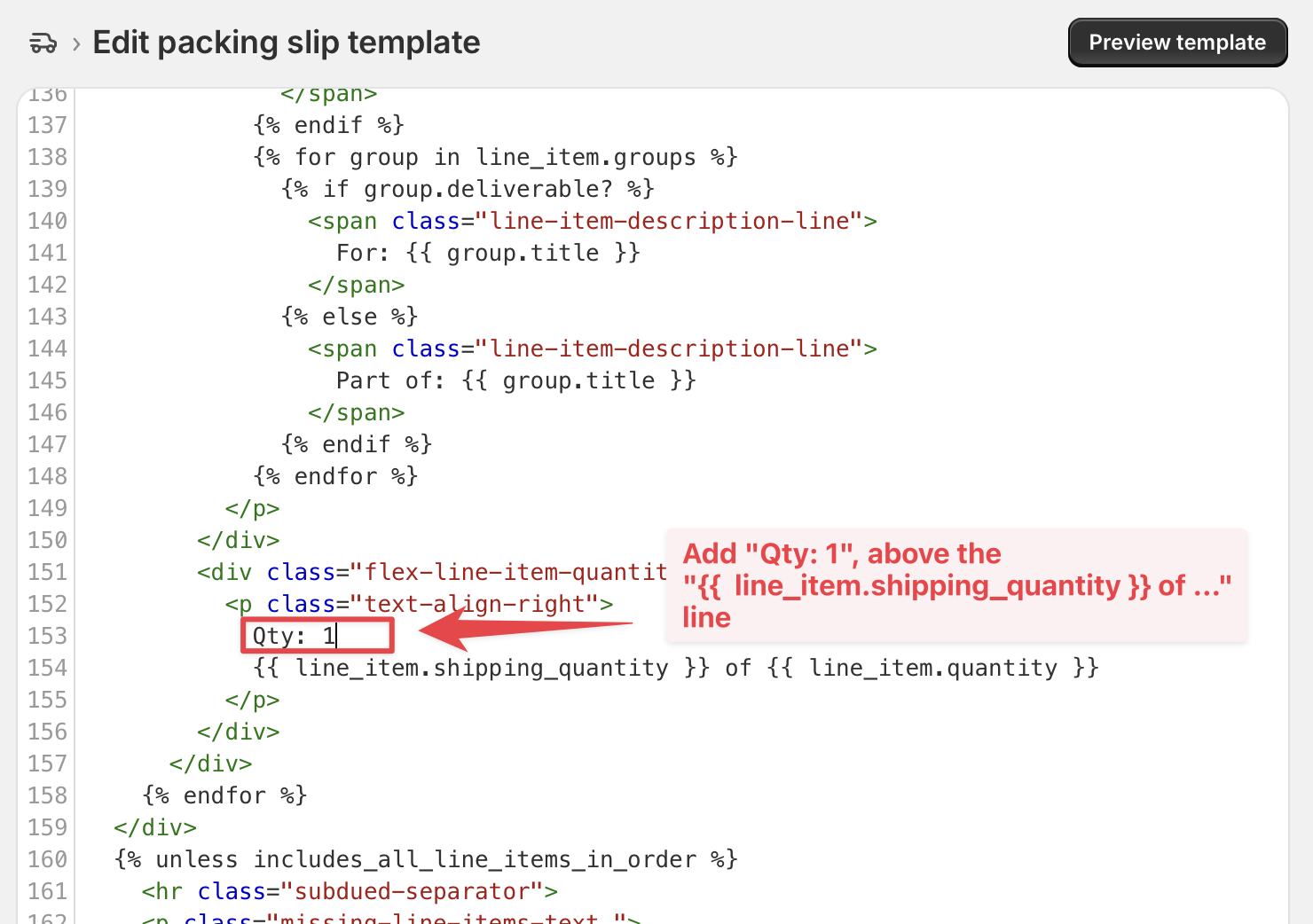 Packing slip template code modification