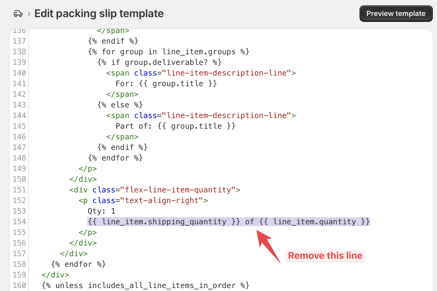 Packing slip template code modification