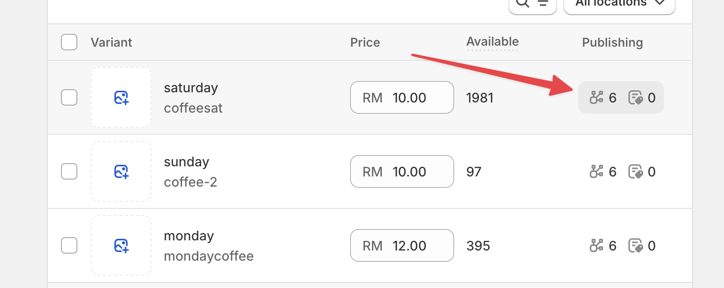Select publishing option for product variants